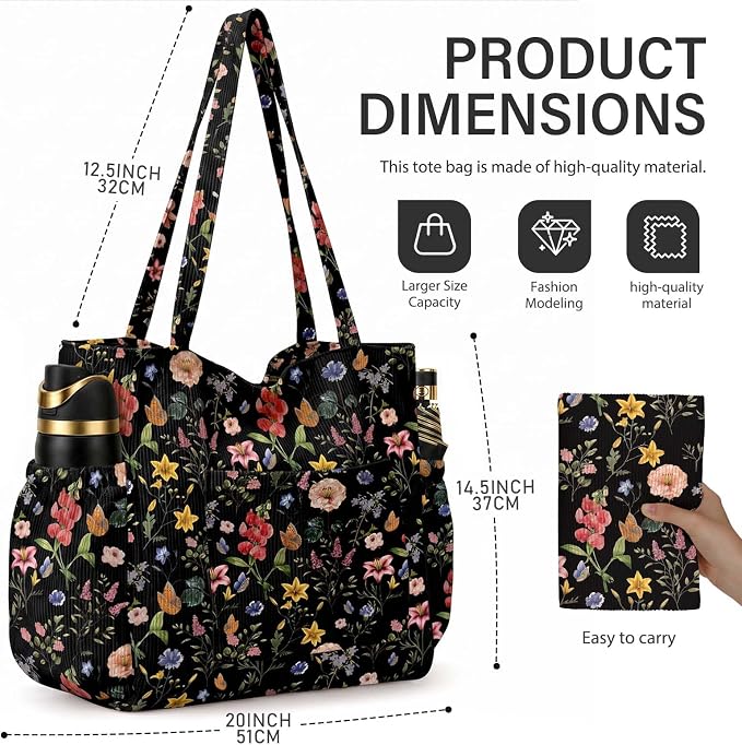Corduroy Tote Bag for Women,Large Capacity Cute Tote Bags With 6 Pockets,Crossbody Shoulder Handbag for Work Travel Gym - Image 5