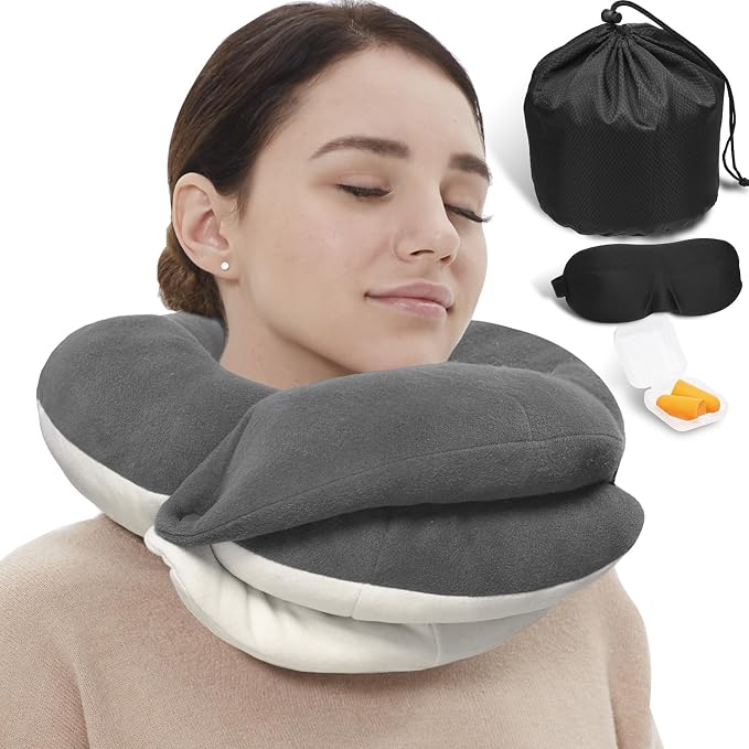 Travel Neck Pillows for Airplanes, Memory Foam 360° Head Support Sleep for Long Flight, Skin-Friendly & Breathable, Kit with Eye Mask, Earplugs and Storage Bag (Adult, Grey, 90+ lbs) by BUYUE
