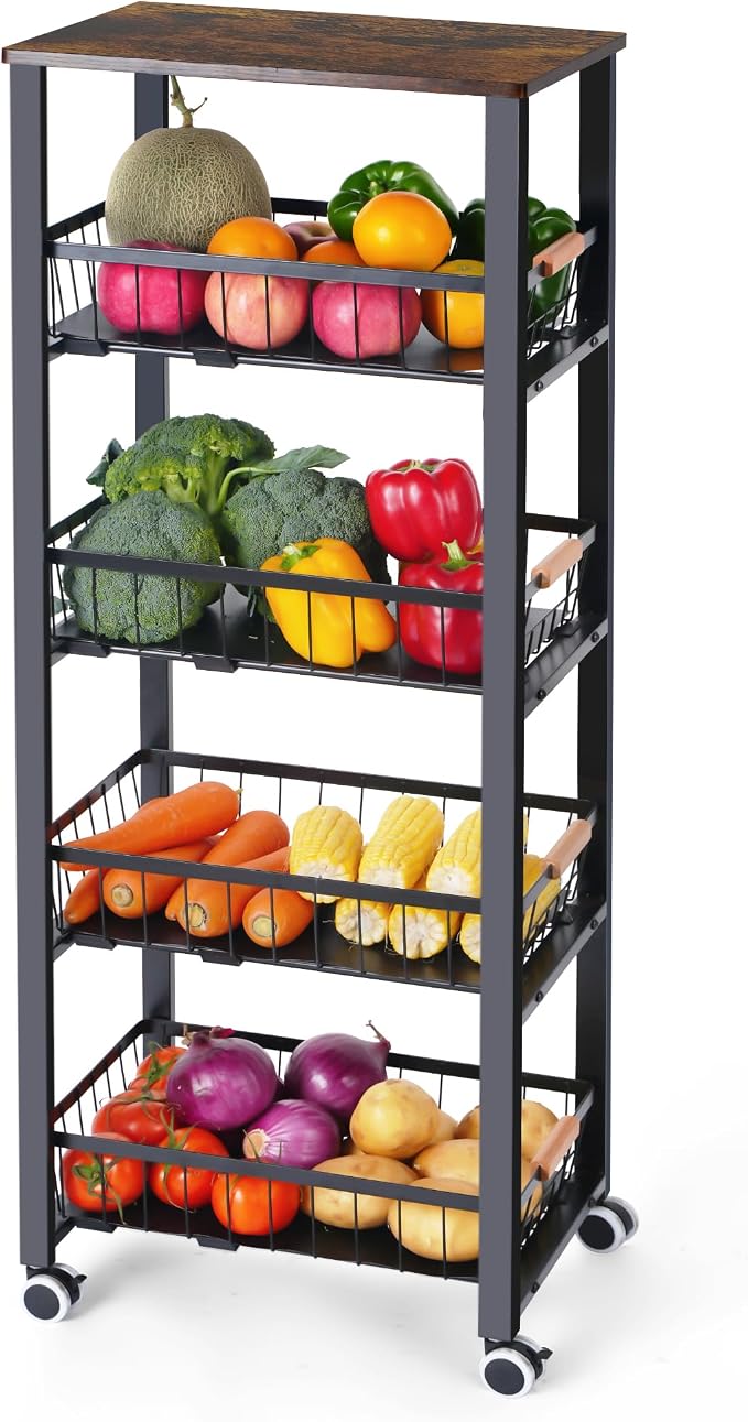 Mythinglogic 5-Tier Rolling Fruit Vegetable Storage Cart with Pull-Out Baskets, Metal Kitchen Organizer, Heavy Duty Utility Rack with Wheels for Pantry, Living Room, Kitchen by Mythinglogic