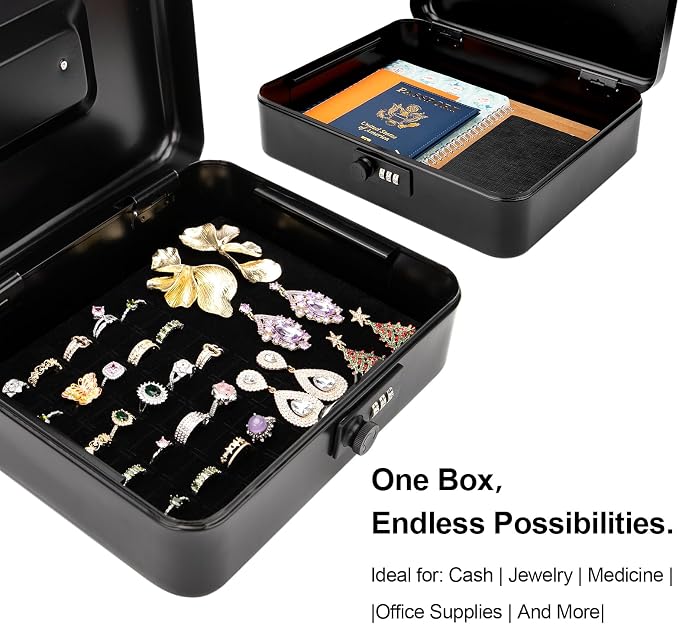 Jssmst X- Large Cash Box with Combination Lock - Durable Metal Cash Box with Money Tray, Black, 11.81 x 9.84 x 3.46 inches, CB0701XLN - Image 2