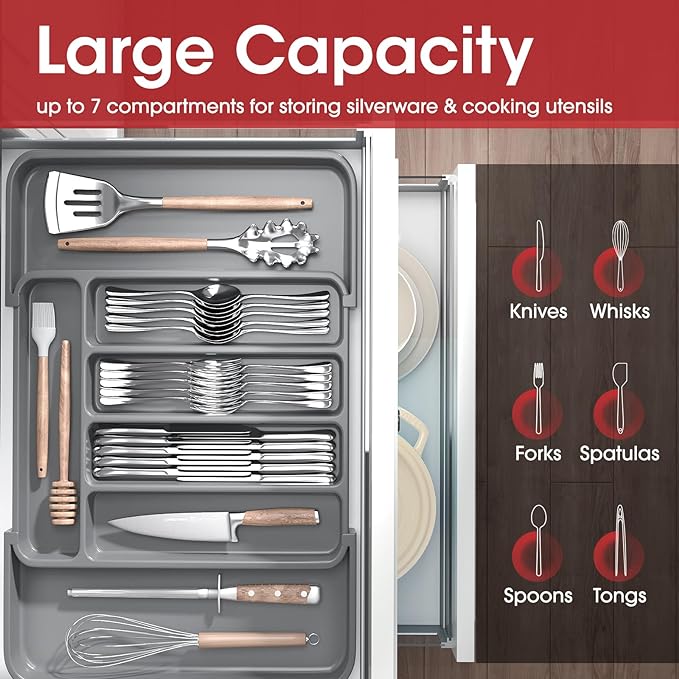 Aujen Silverware Drawer Organizer, Adjustable Utensil Cutlery Tray | Expandable Kitchen Organizer for Forks Knives, Multipurpose Kitchen Storage, Apartment Essentials, Grey, Medium - Image 3