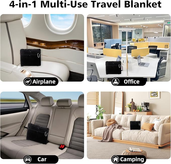 Packable Travel Throw Blanket, Black | Soft lightweight wearable travel accessory with carry pouch, airplane blanket, road trips, office naps,outdoor camping - Image 7