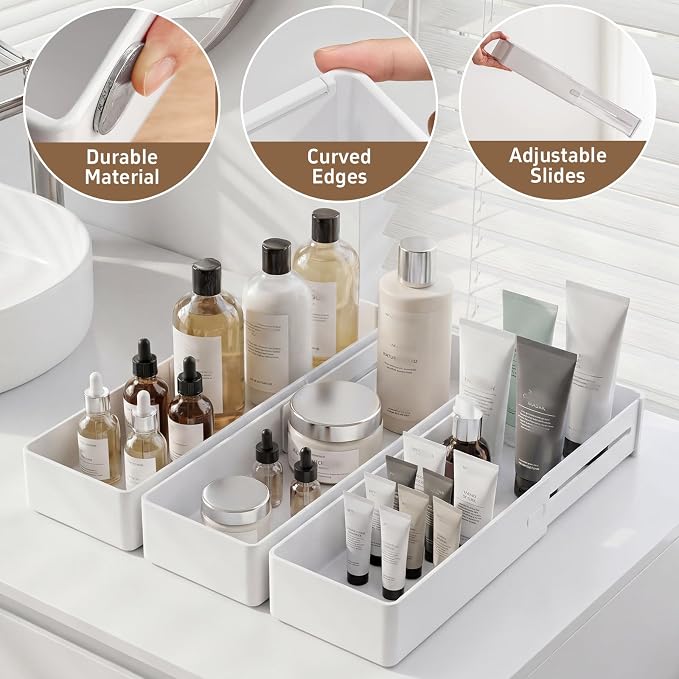 PAVSTINE 3-Pack Expandable Drawer Organizers for Desk Accessories, Small | Adjustable 9.45"–16.69", Customizable Compartments, Scalable Trays for Makeup, Kitchen, Bathroom, Vanity & Office - Image 5