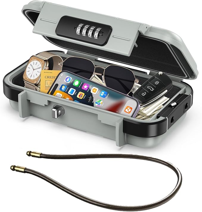 LOFICOPER Portable Safe Box, 4 Digit Combination Security Case, Waterproof Travel Lock Box, Small Beach Safe with Removable Chain, for Sports, Travel, Home, Office, Grey by LOFICOPER