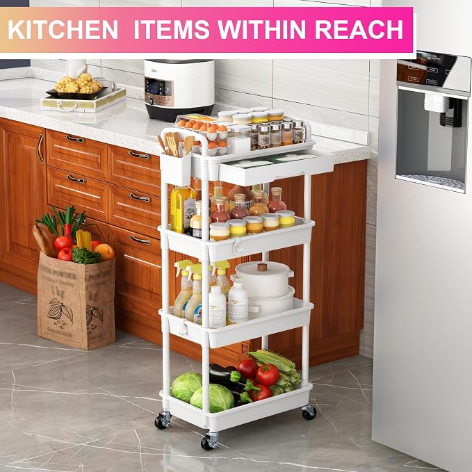 Goovilla 4 Tier Rolling Utility Cart Organizer with Removable Drawer, White | Stable and Sturdy Rolling Storage Carts with 2 Lockable Wheels for Bathroom, Kitchen, Snack, Craft, Makeup, Baby Essentials - Image 7
