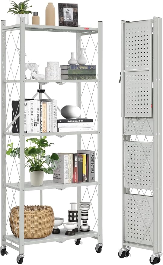 DEANIC 5-Shelf Folding Bookcase with Wheels, Rolling Bookshelf Heavy Duty Storage Shelves, Freestanding Metal Wire Shelving Unit for Living Room, Office, Kitchen, Basement, Pantry (Grey) by ShowNow
