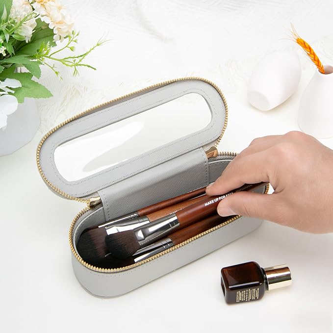 Aveniee Slim Clear Makeup Brush Bag, Small Cosmetic Brush Holder, Mini Toiletry Bag Travel Case for Women, Thin Make up Bags with Dual Zipper, Cute Travel Essentials Bag Organize - Grey - Image 2