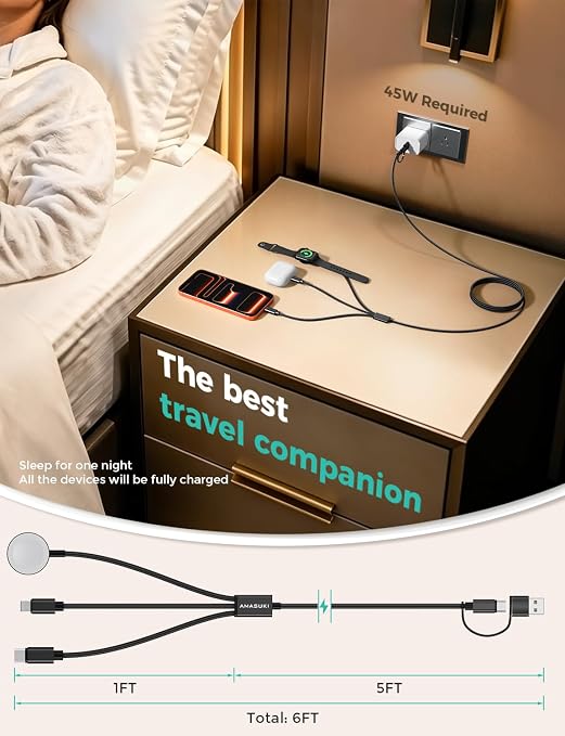 Travel Essentials,3 in 2 USB C Cable for Apple Watch Charger,iPhone Charger,Multi Charging Cable,Cruise Vacation Camping Portable for iWatch Series 11-2/Ultra/SE & iPhone 17-12,Car,Black-6FT - Image 6