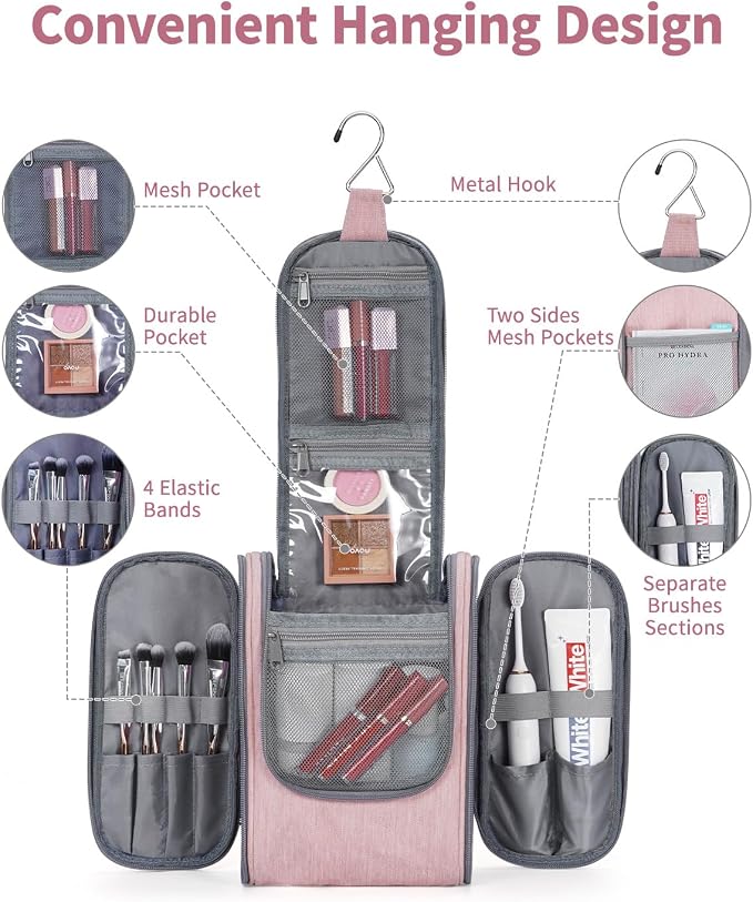 Narwey Small Hanging Toiletry Bag Women Travel Makeup Bag Organizer Toiletries Bag for Travel Size Essentials Accessories Cosmetics (Medium, Pink) - Image 2
