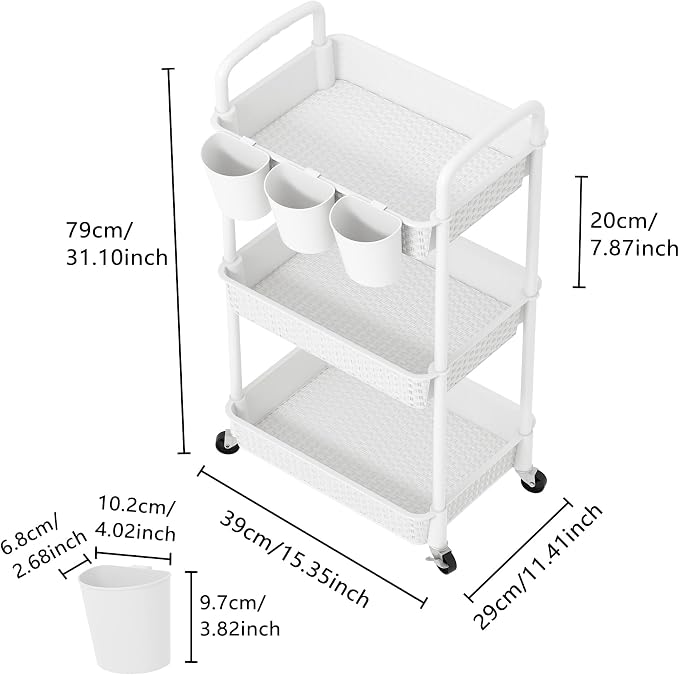 MOYIPIN 3-Tier Plastic Rolling Utility Cart with Handle,White | Utility Storage Cart for Office, Living Room, Kitchen,Movable Storage Organizer，Easy installation，Rattan-like art design - Image 2