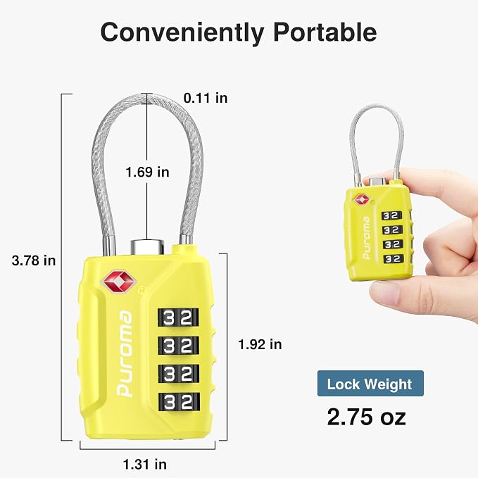 Puroma 2 Pack TSA Approved Luggage Locks 4 Digit Code Cable Lock Yellow | Resettable, Flexible Cable, Zipper holes, Zinc Alloy, Bright Color, Large White Numbers, Suitcase Train Travel, laptop bag - Image 3