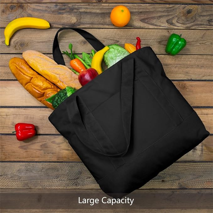 TOPDesign 6-Pack Canvas Tote Bags with an External Pocket, Reusable Grocery Shopping Bags, Top Zipper Closure, Daily Essentials (Black) - Image 3