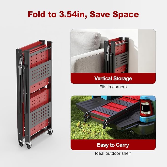 3-Tier Folding Shelf with Roller Casters for Storage Required. | Heavy-duty steel folding shelf Side Pegboard Construction Garage Shelves, Red And Black Perforated Shelves, No assembly - Image 4