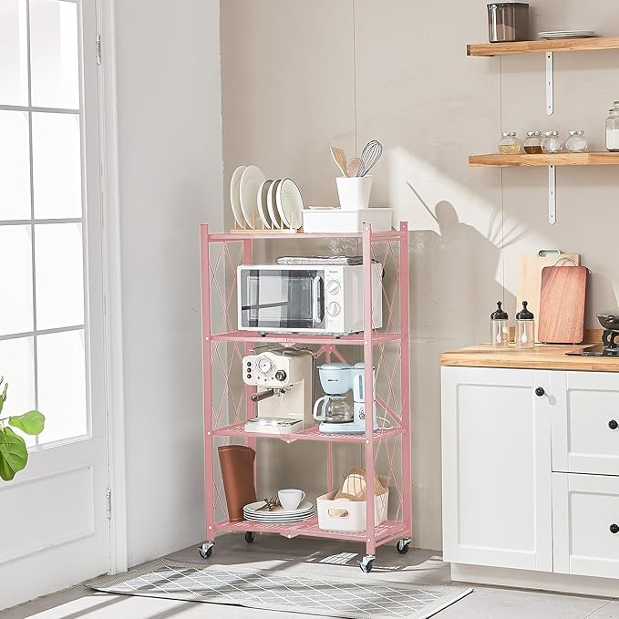 BRIAN & DANY 4-Tier Foldable Storage Shelves with Wheels, Folding Metal Rack Shelving Unit, Heavy Duty No Assembly Organizer Shelf for Garage, Kitchen, Basement, Pantry, Pink - Image 7