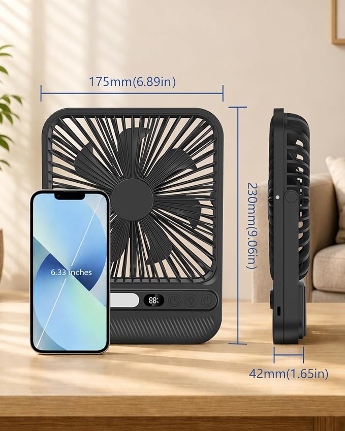 8000mAh Portable Travel Fan,7in 28hrs Ultra-Thin Desk Fan | USB Rechargeable Fan,1.65in Ultra-Thin,<42dB,with Timer,Light&Digital Display,Battery Powered Fan for Sleeping Hotel Cruise - Image 2