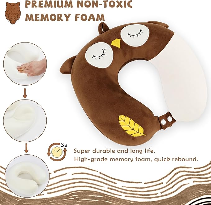 Travel Pillow, Kids Travel Pillow with Sleep Eye Mask Soft Memory Foam Kids Neck Pillow for Boys & Girls, Travel Accessories for Car Airplane Traveling - Owl - Image 3