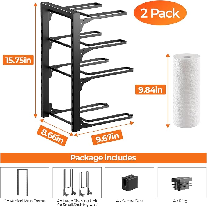 MUDEELA Pot and Pan Organizer Under Cabinet 15.75", 4-Tier Pot Rack, 2 Pack | Adjustable Tier, Tool-Free Assembly, Max 88 Lbs, Fits Cast Iron Pans, Skillets & Heavy Shallow Cookware, For Kitchen Cabinets - Image 7