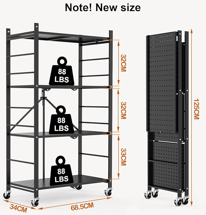Himix 4-Tier Foldable Storage Shelf with Wheels 20 Hooks Black No Assembly | Metal collapsible organization, Folding storage rack, Wire shelving, Unit Rolling Cart, Kitchen, Garage, Holds 352 Ibs - Image 3