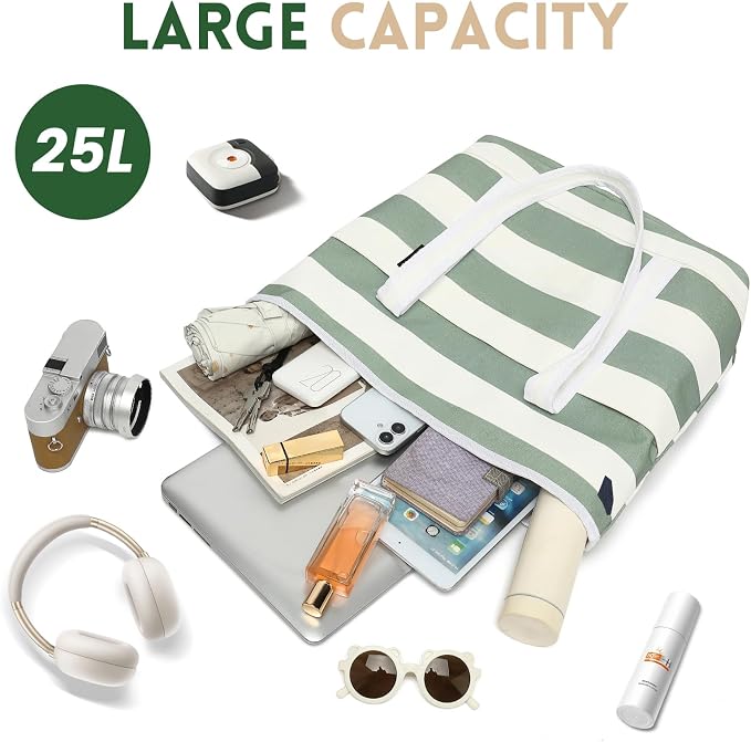 Large Canvas Tote Bag for Women, Beach Bag with Zipper, Utility Tote Bag with 3 Front Pockets, Weekender Pool Bag - Image 3