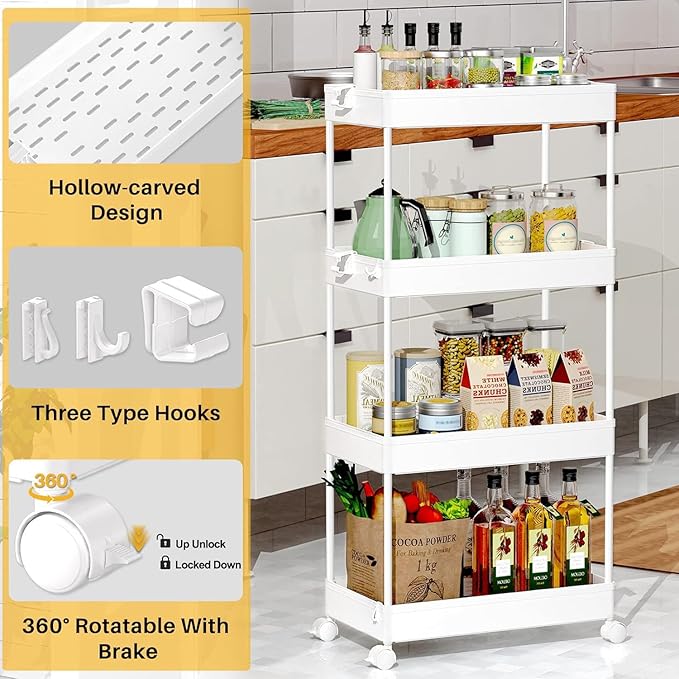 SPACEKEEPER 4 Tier Rolling Cart, Bathroom Cart Organizer with Wheels, White | Mobile Storage Cart for Laundry Room Organization,Kitchen,Office,Bathroom, Utility Cart for Snack,Craft,Art,Makeup,Nail,Toys - Image 2