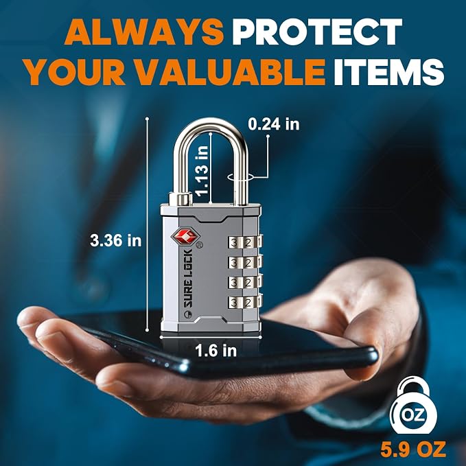 SURE LOCK TSA Accepted 4 Dig Heavy Duty Big Combination Luggage Padlock All Metal Travel Lock for Equipment Hard Case Luggage Gun Case Gym Locker Pelican Vault Lock (1, Silver) - Image 5