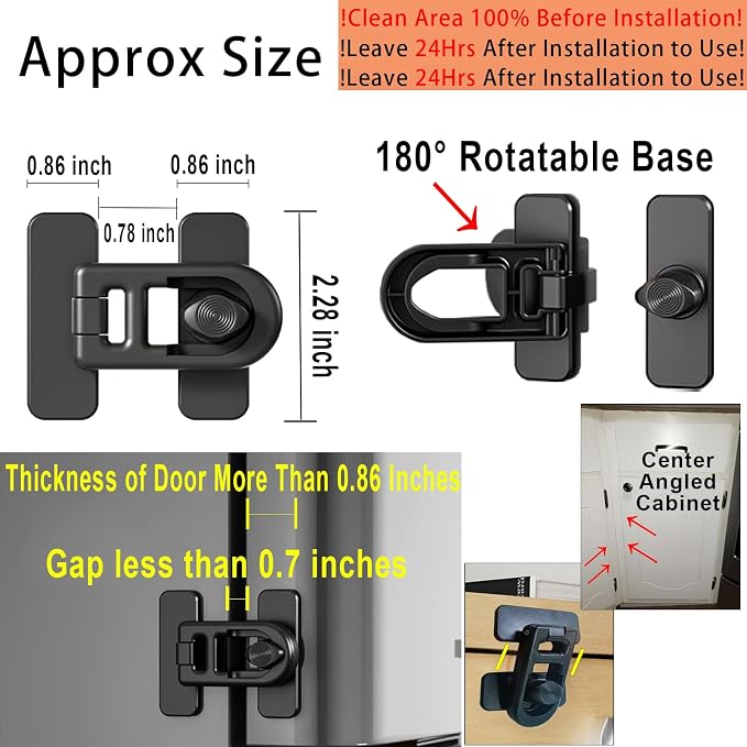 Refrigerator Lock Child Safety, No Drill Adhesive RV 180° Swivel | 90° Twist One-hand, Fits French Fridge, Freezer, Cabinet. Renter Friendly. Toddler & Petproof 2PCS for Camper, Boat & Trailer - Image 2