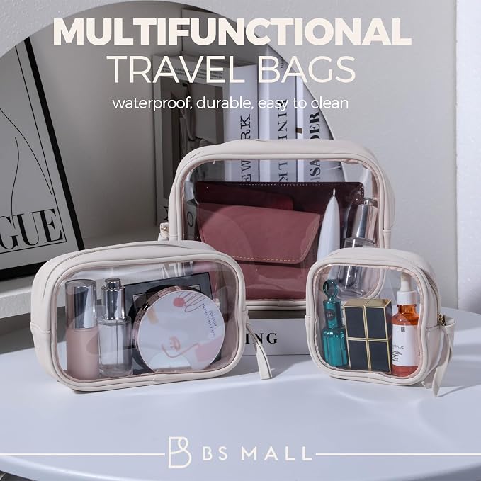 BS-MALL Toiletry Bag Waterproof Makeup Organizer Travel Size Clear - Makeup Cosmetic Organizer Water-resistant Portable Pouch PU Leather Washable Travel Essentials Makeup Bag 3 Pack - Image 6