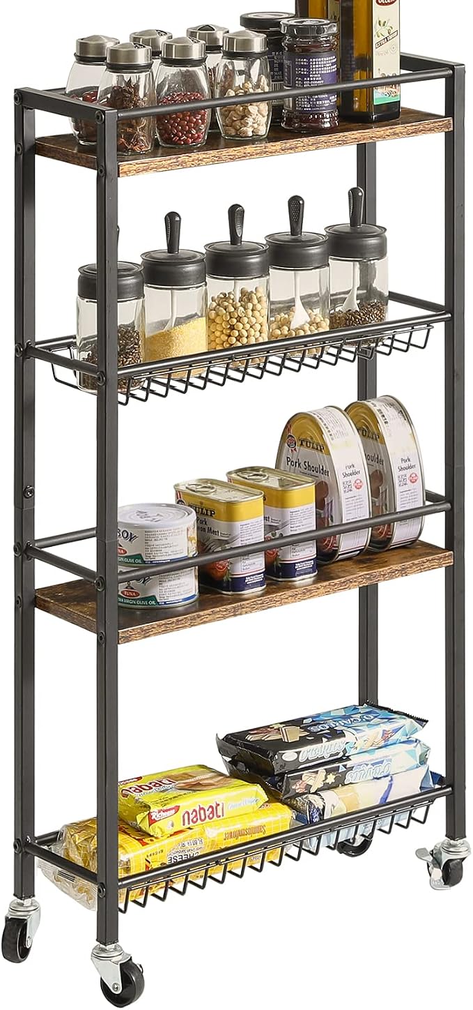 YMYNY Kitchen Storage Rolling Cart 4 Tier on Wheels Rustic Brown HBR002H | for Narrow Spaces, Laundry Room, Dining Room, Bathroom, 32.7" H Shelving Unit with Mesh Baskets - Image 2