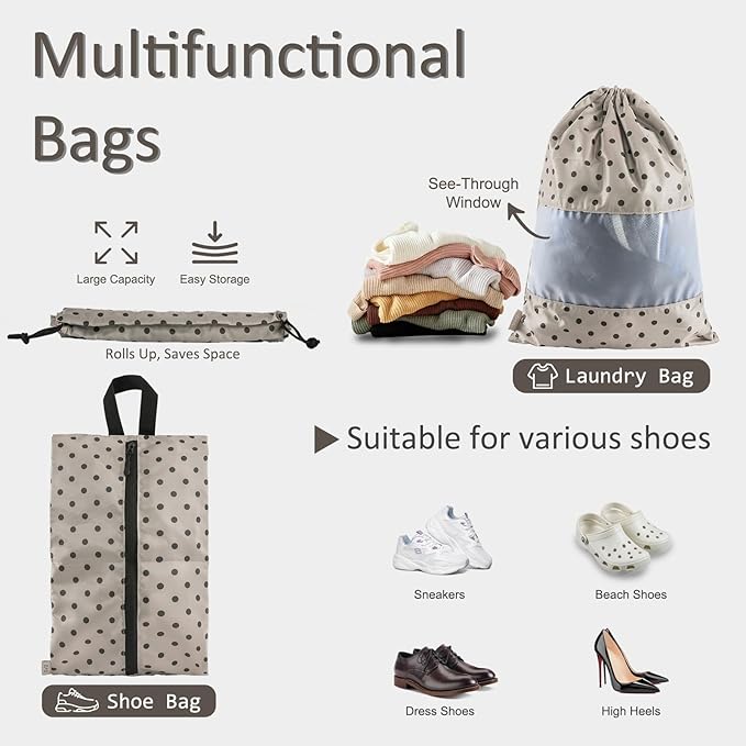 U+U 5 Set Packing Cubes, Travel Organizers with Shoe Bag (Brown Polka Dot) | Ultralight Design & Easy Travel Organization - Image 4