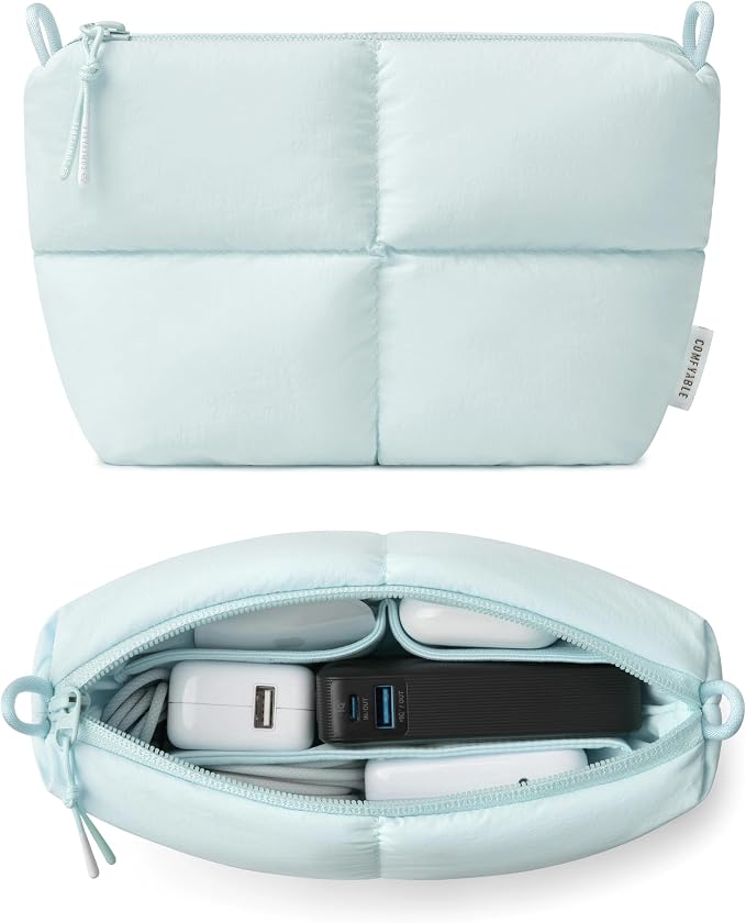 Comfyable Puffy Electronics Organizer Travel Case, Cute Tech Pouch for Women Men, Cable Storage Bag for Charger, Phone, Power Bank, Cord, Compact Tech Accessories Pouch, Ice Blue by Comfyable