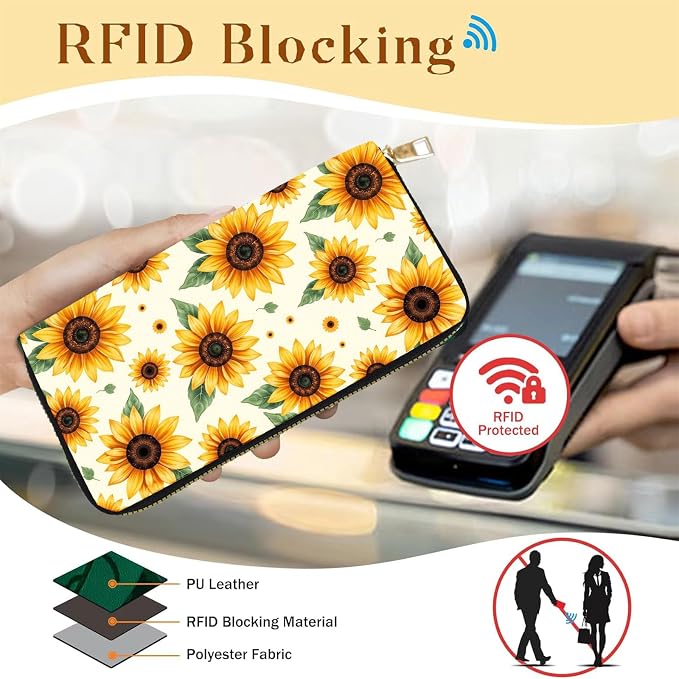 Women's RFID Blocking PU Leather Zip-Around Wallet, Large Capacity Clutch with Phone Holder, Travel Purse & Card Organizer with Removable Wristlet,Sunflower Pattern - Image 2