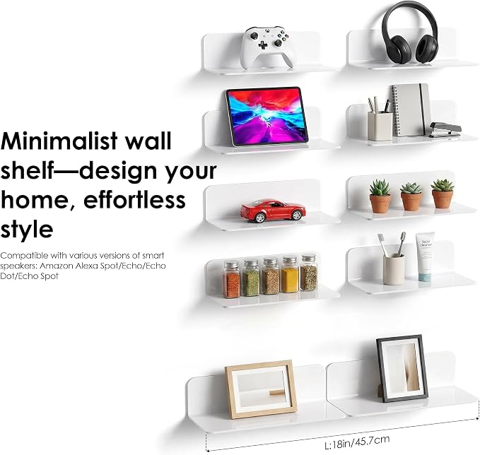 OAPRIRE Acrylic Floating Wall Shelves White, No Drill, 9 Inch 2 Pack | Strong Tape Adhesive Wall Shelf, Easy Installation, Hole Design with Cable Clips, Small Spaces Bedroom Bathroom Living Room - Image 2