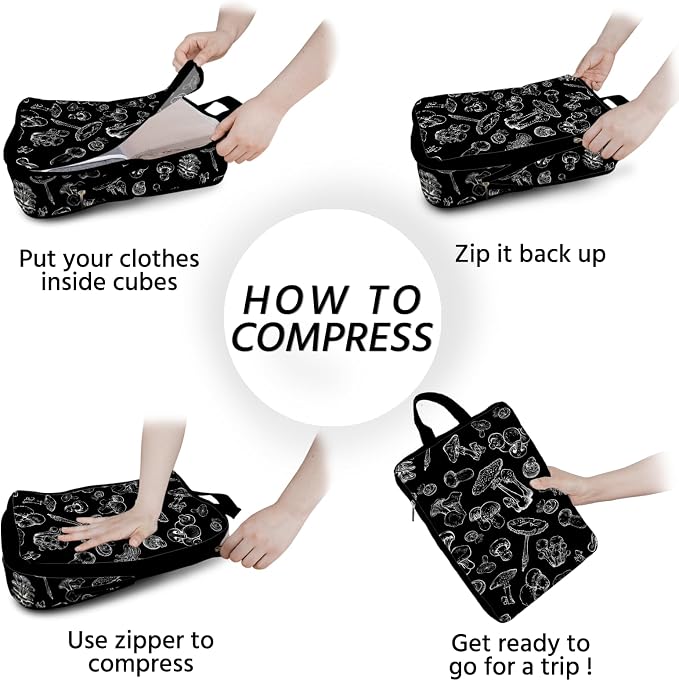 6 Pcs Compression Packing Cubes Waterproof Suitcase Travel Bag Luggage Backpack Organizer Travel Cubes for Packing-Black Mushroom - Image 7