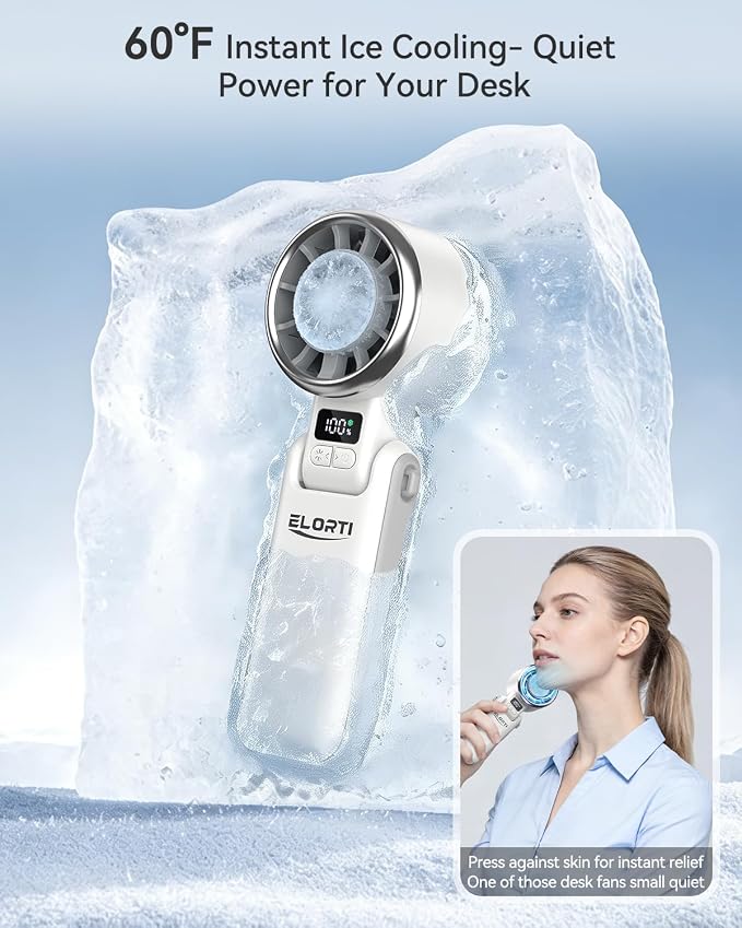 Portable Fan, Mini Fan, Personal Fan with Turbo & Ice Cooling, 5-Speed 4000mAh Rechargeable, 3-in-1 Small Travel Hand Fan, Lightweight & Quiet for Office, Beach Vacation, for Women & Men -White - Image 2