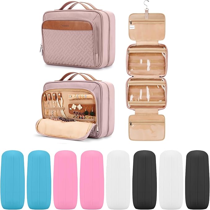 Travel Hanging Toiletry Bag for Women, Large Makeup Bag 8 Leak Proofing Silicone Bottle Covers, Waterproof Cosmetic Bag with Jewelry Organizer Compartment, Toiletries Kit Set, Pink by COOSKY