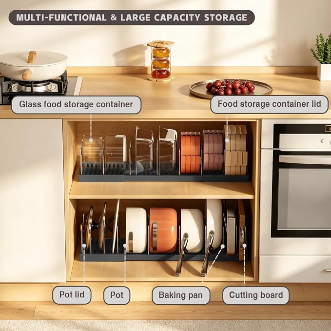 Magheo Pots and Pans Organizer Under Cabinet, Expandable 12.6"-22.8" Kitchen Cabinet Organizer Holder with 10 Adjustable Dividers for Food Storage Container Lid, Cookie Sheet, Cookware(1 Pack, Black) - Image 3