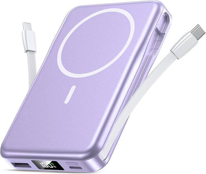 Magnetic Portable Charger 10000mAh, 20W Power Bank with Built in Cable | 20W Fast Charging for Magsafe Battery Pack with LED Display, Travel Essential for iPhone 17/16/15/14/13 Pro/Pro Max-Lavender by Unknown