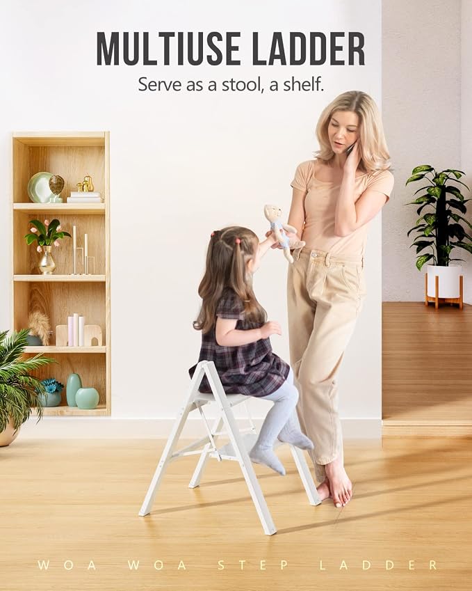2 Step Ladder, Foldable Step Stool, 300lbs Load, White | Folded 27''H x 2''T; Net 6.6 lbs; Rigid Aluminum Steps; No Assembly; For Home, Kitchen, Office, Pantry, Closets, Cabinets - Image 7