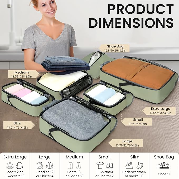 BAGAIL 4 Set/6 Set/8 Set Compression Packing Cubes Travel Accessories Expandable Packing Organizers (Half Mesh, 6-Matcha Green) - Image 2