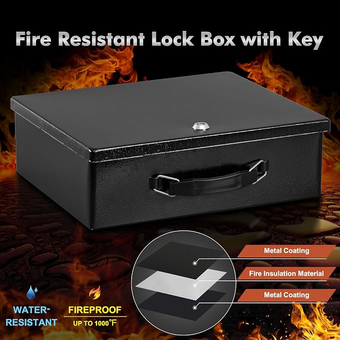 KYODOLED Fireproof Document Box with Key Lock, Large Safe Storage Box for Valuables, Fire Resistance Security Chest, Lock Box for Passport, Cash, Tablet 13.2'' x 11'' x 4.13'' Black - Image 4