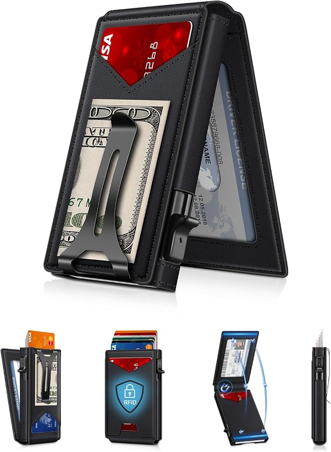 GHUKY Wallet for Men RFID Wallet with Money Clip, Slim Pop Up Card Holder for 10-12 Cards, Minimalist Smart Credit Card Case with ID Window, Bifold Metal Wallet for Front Pocket, Gifts for Men by GHUKY