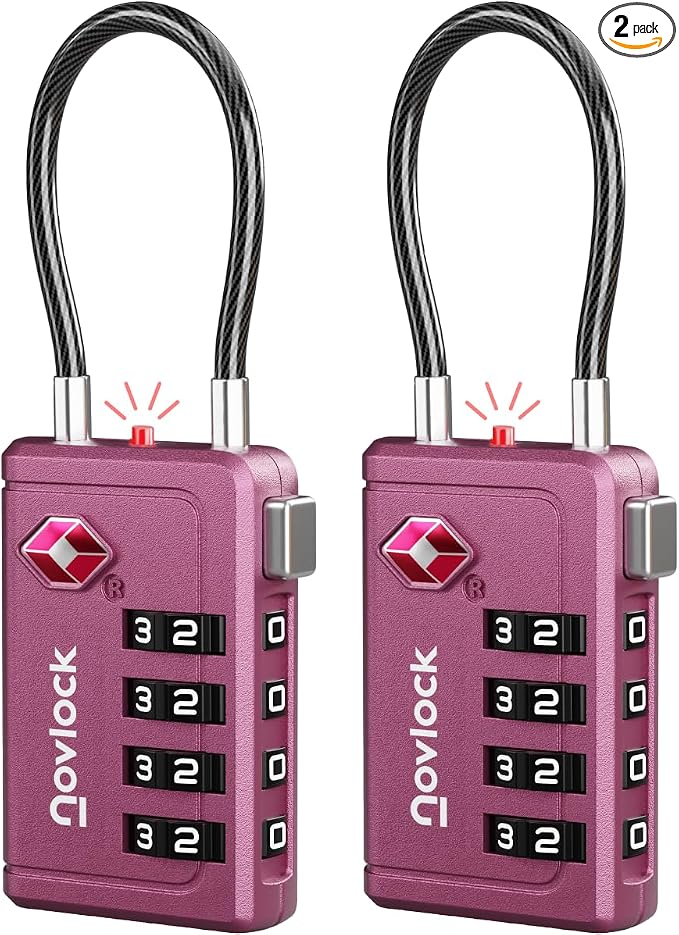 TSA Approved Luggage Locks, Travel Locks with Inspection Indicator | TSA008, Easy to Read Dials, 4 Digit Combination, Flexible Steel Cable, for Suitcases, Backpacks, Bags, 2-Pack, Purple by Unknown