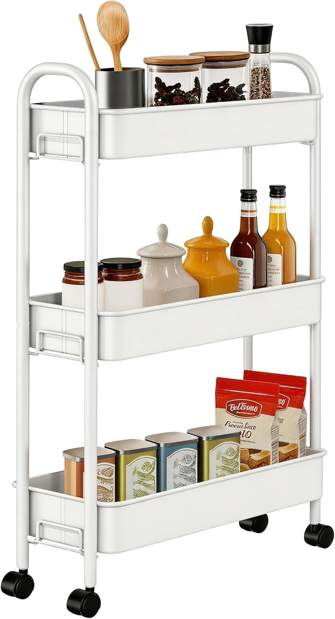Slim Rolling Cart, Metal Frame Utility Rolling 3-Tier Narrow Storage Cart | Kitchen Storage Organizer, Mobile Shelving Unit for Bathroom Kitchen by Unknown