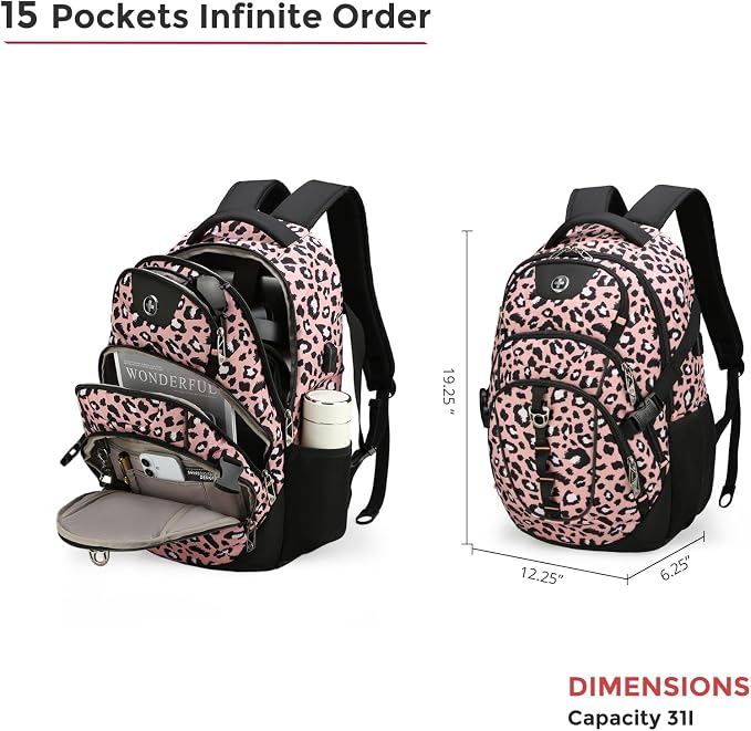 Swissdigital Laptop Backpack with USB Charging Port, Travel Backpack Fits 15.6 inches Computer, 31L Backpack for Women, Pink Leopard | SD803-102 - Image 4