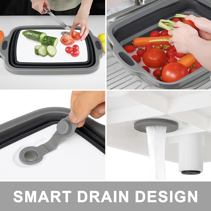 Collapsible Cutting Board with Container, Foldable Camping Sink with Colander, BBQ Prep Tub with Lid, Multifunction Dish Basin for Kitchen, Bowl, Vegetable and Fruit, 2.11 Gal/8L Storage Basket - Image 4