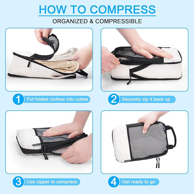 4 PCS Set Compression Packing Cubes for Travel, Lightweight Packaging Organizer Bags for Carry On Space Saving, Travel Essentials Cubes for Suitcase Backpack, Beige - Image 3