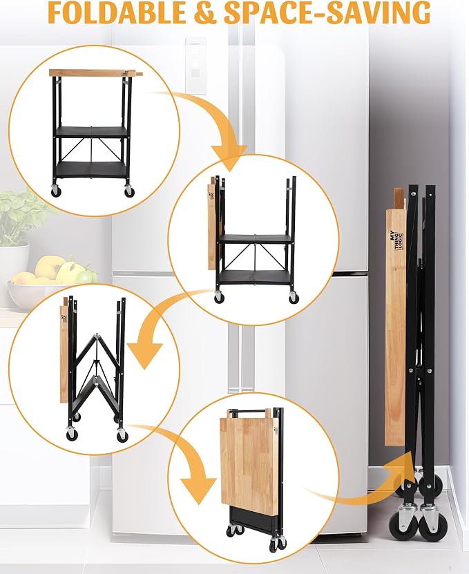 Mythinglogic Foldable Kitchen Storage Cart, 3-Tier Rolling Cart with Solid Oak Top, Heavy-Duty Metal Utility Rack for Microwave, Pots, Dish Set, Meal Prep Area, Kitchen Island on Lockable Wheels - Image 2