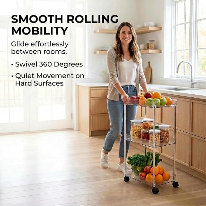American Dream Acrylic 3-Tier Rolling Cart with Wheels, Chrome & Clear Utility Storage Trolley, Mobile Organizer for Kitchen, Bathroom & Office - Image 4