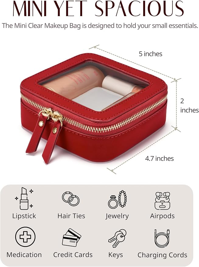Small Clear Makeup Bag for Purse, Travel Cosmetic Case, Red, Mini | Waterproof PU Leather, Square Make Up Pouch with Zipper, Tiny Sage Green Toiletry Organizer Bag Women Car Essential Bag - Image 4