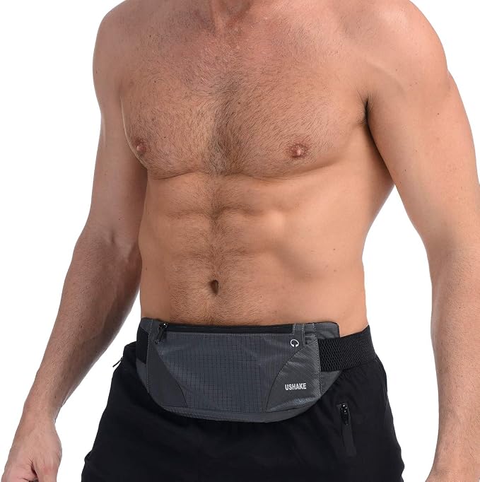 USHAKE Running Belt,Men or Women Ultra Light Bounce Free Waist Pouch Bag Fitness Workout Belt Sport Waist Pack Exercise Waist Bag for iPhone Samsung LG in Running Gym Marathon (Grey) by USHAKE